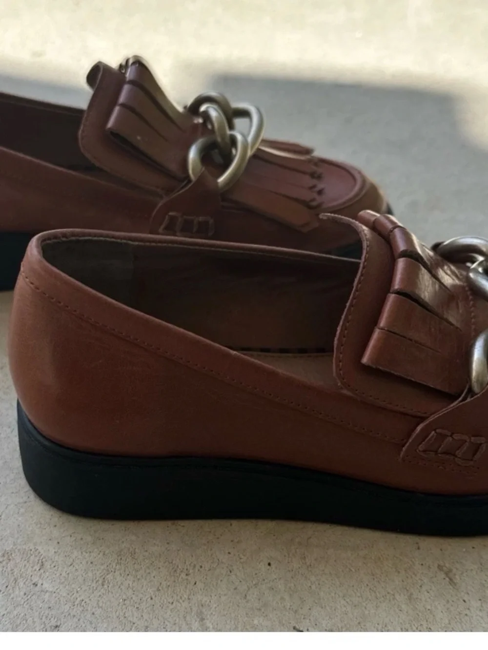 ANTONIO MELANI Brown Leather Kiltie Loafers with Chain Detail 5.5 #875CL